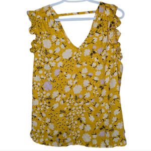 Philosophy Yellow Flutter Sleeve  Sleeveless Floral Print V Neck Blouse L Woman